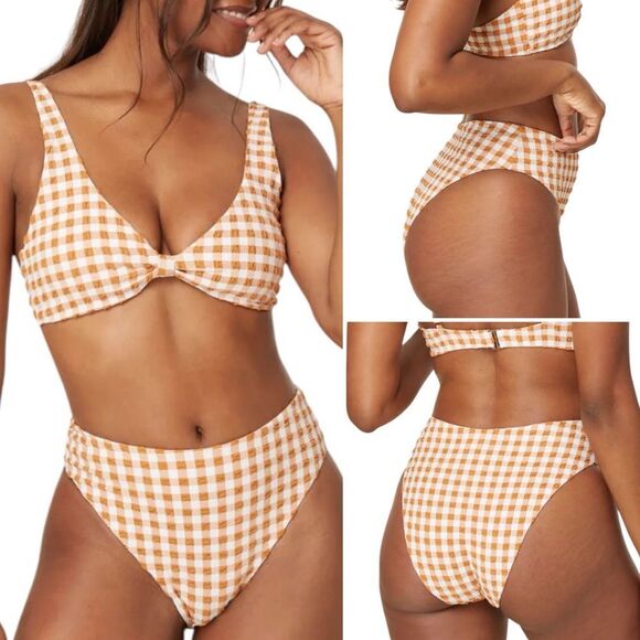 Andie Sparrow Brown Gingham Check 90s High Waisted Bikini Bottom Sz XS NWT - Picture 1 of 12